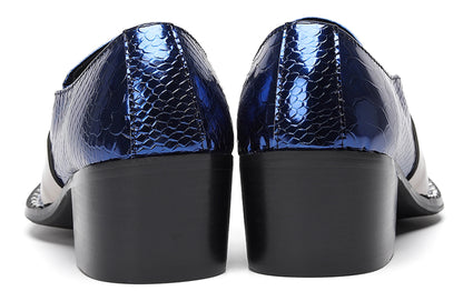 Mens Snakeskin Leather Metal Pointed Toe Chunky Heel Western Loafers