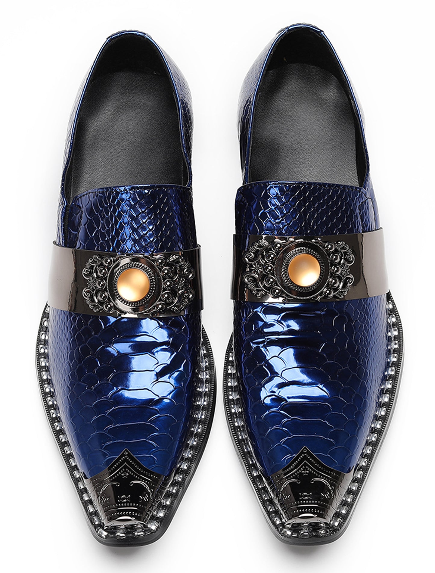 Mens Snakeskin Leather Metal Pointed Toe Chunky Heel Western Loafers