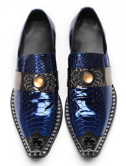 Mens Snakeskin Leather Metal Pointed Toe Chunky Heel Western Loafers