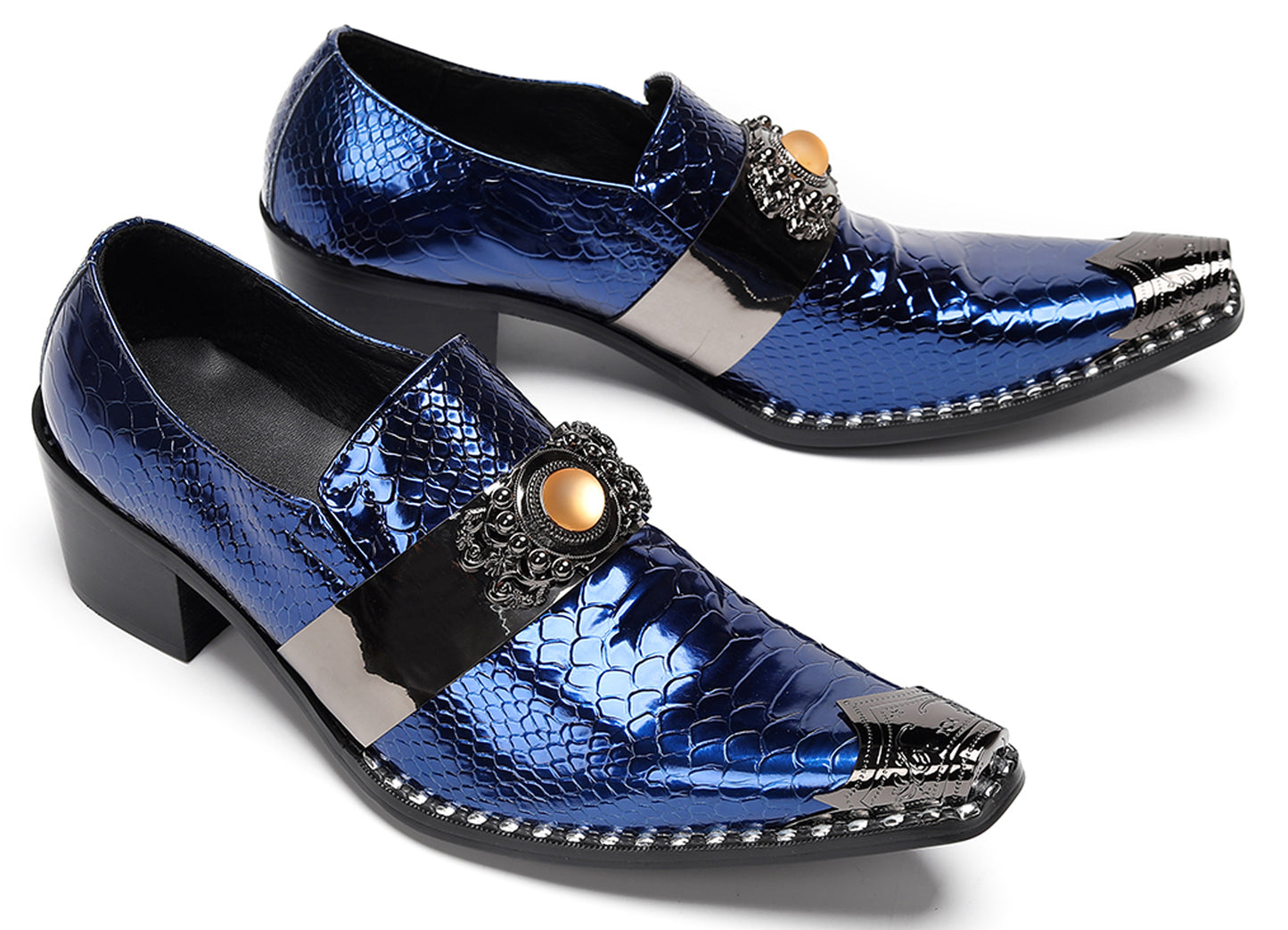 Mens Snakeskin Leather Metal Pointed Toe Chunky Heel Western Loafers