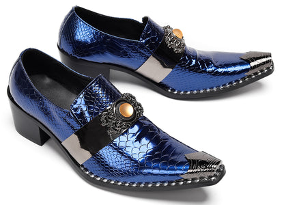 Mens Snakeskin Leather Metal Pointed Toe Chunky Heel Western Loafers