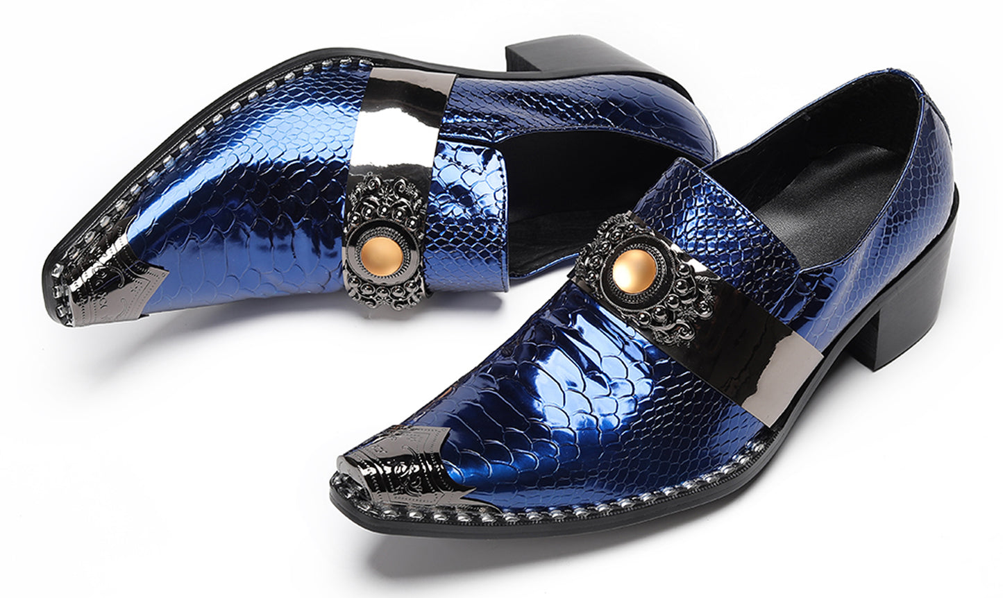 Mens Snakeskin Leather Metal Pointed Toe Chunky Heel Western Loafers