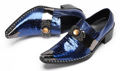 Mens Snakeskin Leather Metal Pointed Toe Chunky Heel Western Loafers