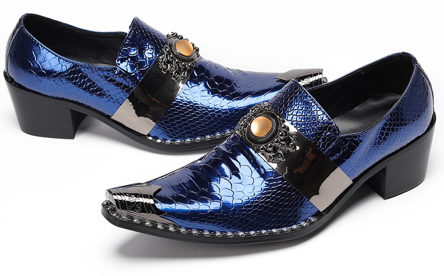 Mens Snakeskin Leather Metal Pointed Toe Chunky Heel Western Loafers