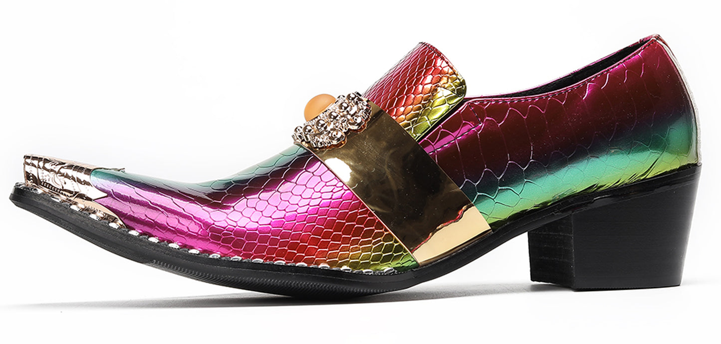 Mens Snakeskin Leather Metal Pointed Toe Chunky Heel Western Loafers