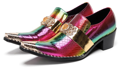 Mens Snakeskin Leather Metal Pointed Toe Chunky Heel Western Loafers