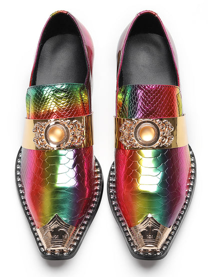 Mens Snakeskin Leather Metal Pointed Toe Chunky Heel Western Loafers