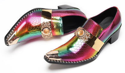 Mens Snakeskin Leather Metal Pointed Toe Chunky Heel Western Loafers