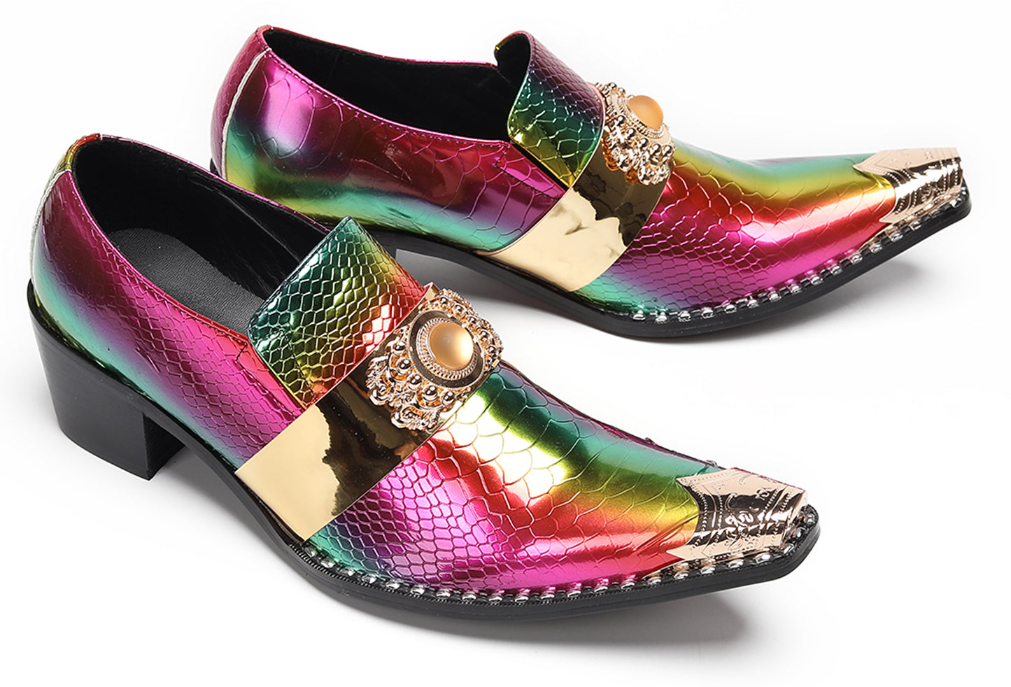 Mens Snakeskin Leather Metal Pointed Toe Chunky Heel Western Loafers
