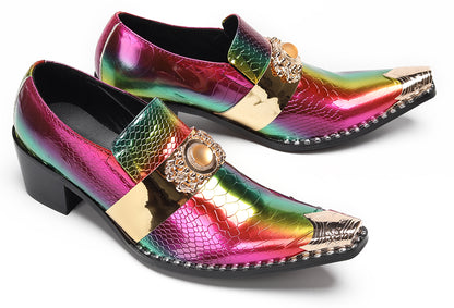 Mens Snakeskin Leather Metal Pointed Toe Chunky Heel Western Loafers