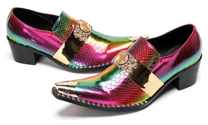 Mens Snakeskin Leather Metal Pointed Toe Chunky Heel Western Loafers