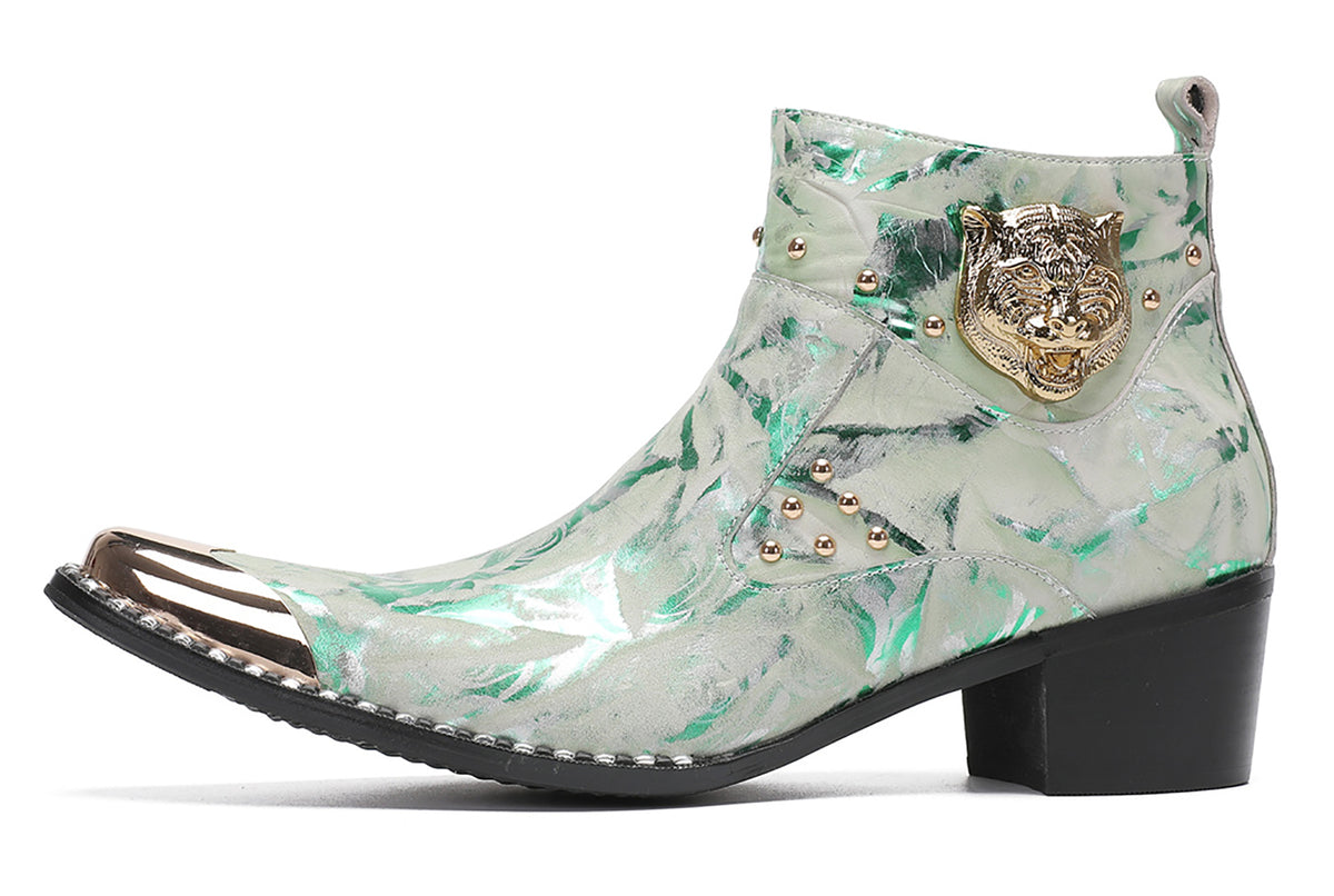 Mens Metal-Tip Toe Zip Tiger's Head Western Boots