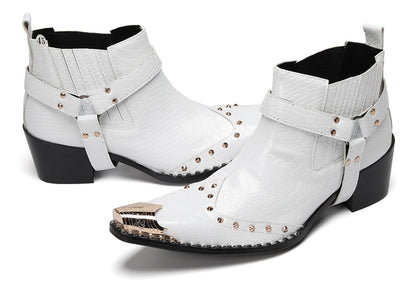 Mens Genuine Leather Pull Up Belt Buckle Metal Tip Ankle Western Boots