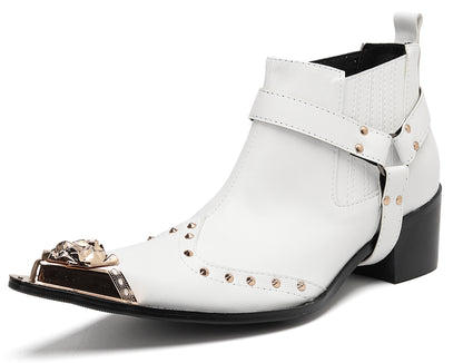 Mens Genuine Leather Pull Up Belt Buckle Metal Tip Ankle Western Boots