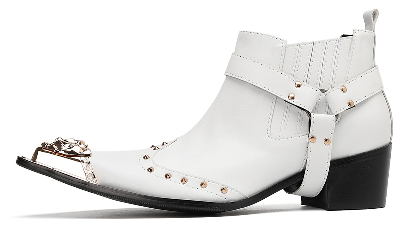 Mens Genuine Leather Pull Up Belt Buckle Metal Tip Ankle Western Boots