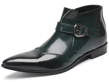 Mens Green Patent Leather Chelsea Boots with Buckle Ankle Boots
