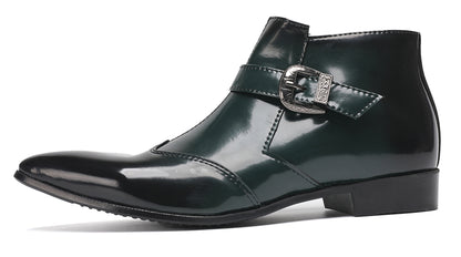 Mens Green Patent Leather Chelsea Boots with Buckle Ankle Boots