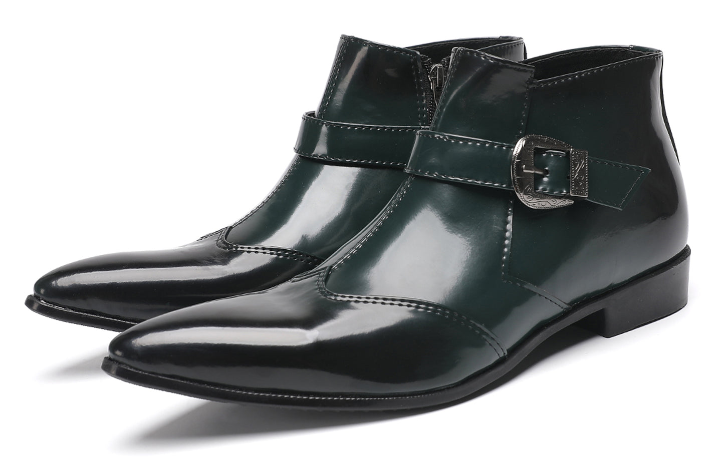 Mens Green Patent Leather Chelsea Boots with Buckle Ankle Boots
