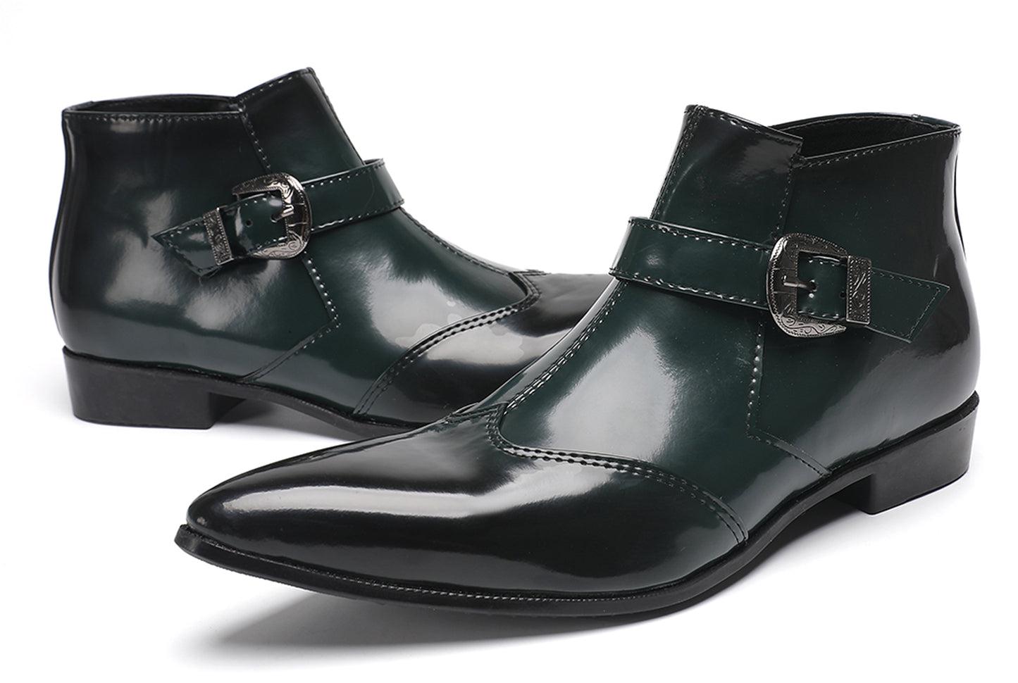 Mens Green Patent Leather Chelsea Boots with Buckle Ankle Boots