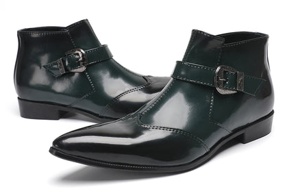 Mens Green Patent Leather Chelsea Boots with Buckle Ankle Boots