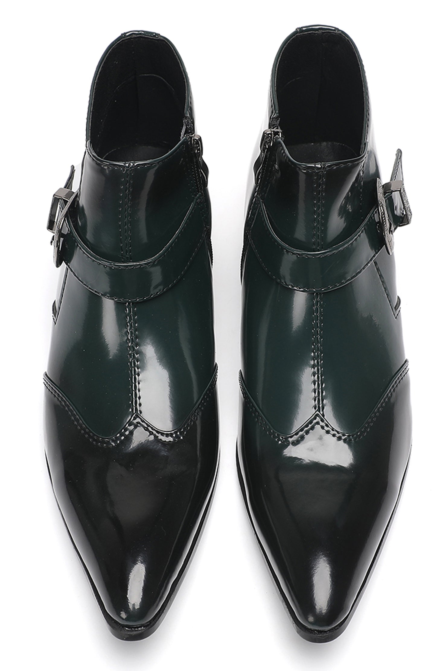 Mens Green Patent Leather Chelsea Boots with Buckle Ankle Boots