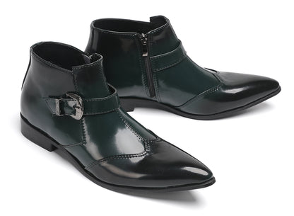 Mens Green Patent Leather Chelsea Boots with Buckle Ankle Boots