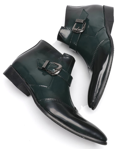 Mens Green Patent Leather Chelsea Boots with Buckle Ankle Boots