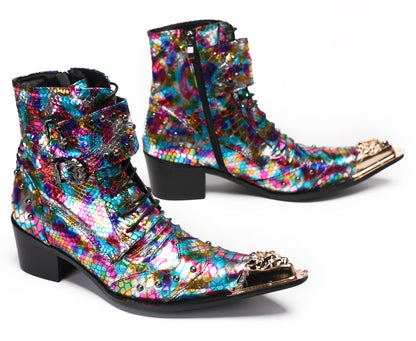 Mens Party Dress Colorful Lace Top Cowboy Western Boots