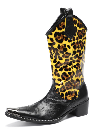 Mens Top-Grain Leather Metal Toe Cap Leopard Print Tall Western Cowboy Boots