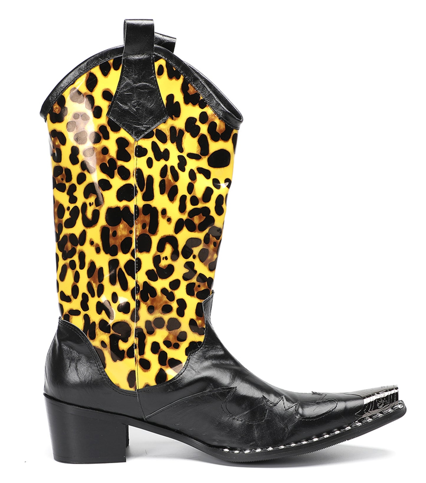 Mens Top-Grain Leather Metal Toe Cap Leopard Print Tall Western Cowboy Boots