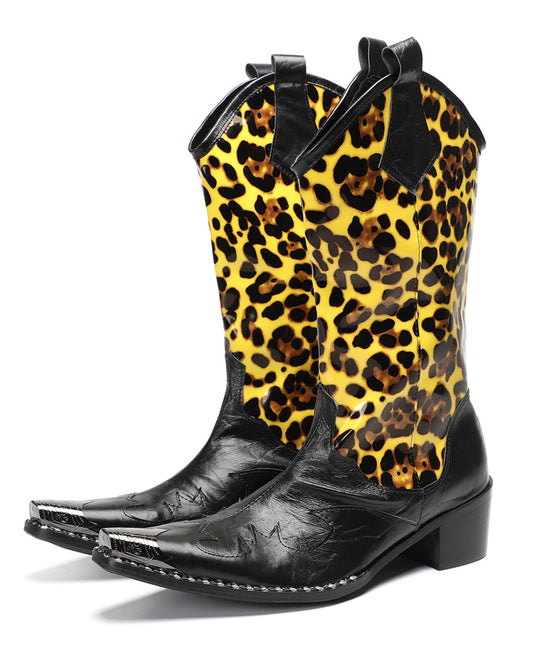 Mens Top-Grain Leather Metal Toe Cap Leopard Print Tall Western Cowboy Boots