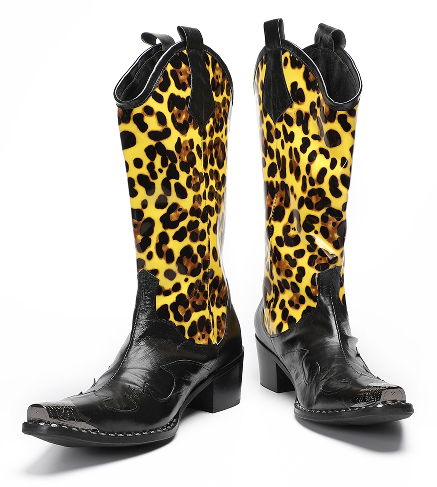 Mens Top-Grain Leather Metal Toe Cap Leopard Print Tall Western Cowboy Boots