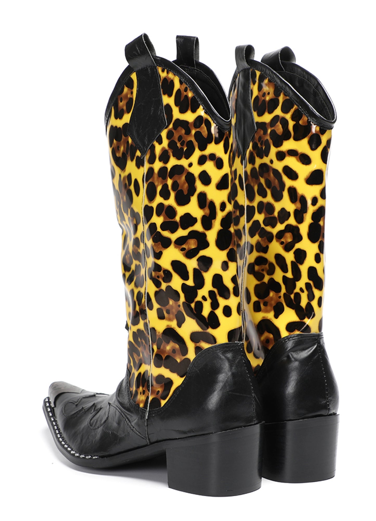 Mens Top-Grain Leather Metal Toe Cap Leopard Print Tall Western Cowboy Boots