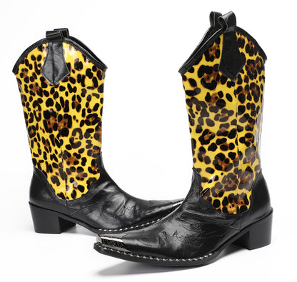 Mens Top-Grain Leather Metal Toe Cap Leopard Print Tall Western Cowboy Boots