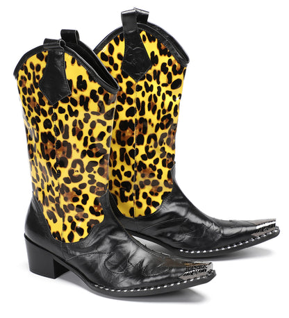 Mens Top-Grain Leather Metal Toe Cap Leopard Print Tall Western Cowboy Boots