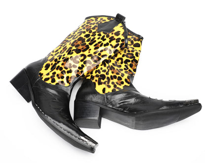 Mens Top-Grain Leather Metal Toe Cap Leopard Print Tall Western Cowboy Boots