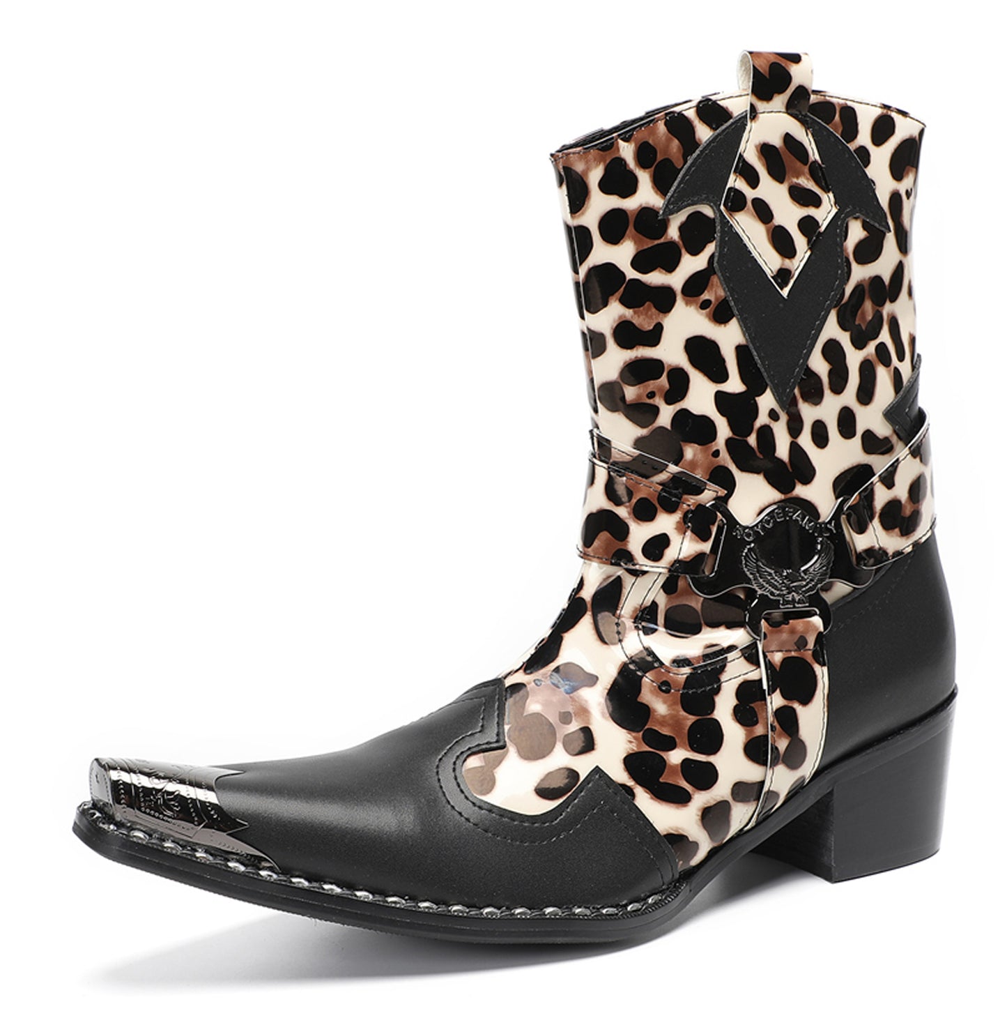 Mens Leopard Print Harness Riding Cowboy Western Boots