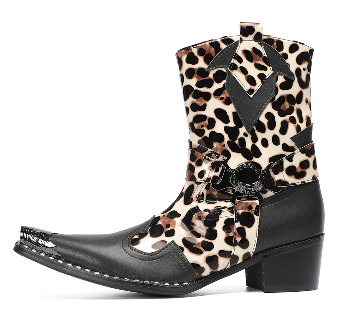 Mens Leopard Print Harness Riding Cowboy Western Boots