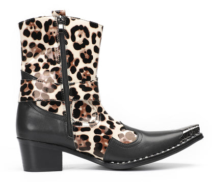 Mens Leopard Print Harness Riding Cowboy Western Boots