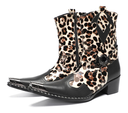 Mens Leopard Print Harness Riding Cowboy Western Boots