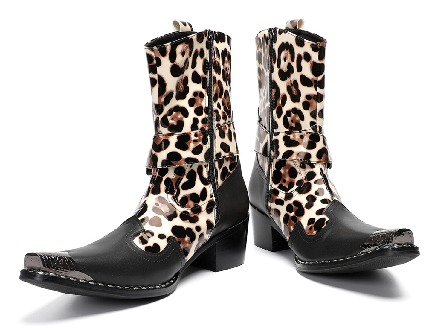 Mens Leopard Print Harness Riding Cowboy Western Boots
