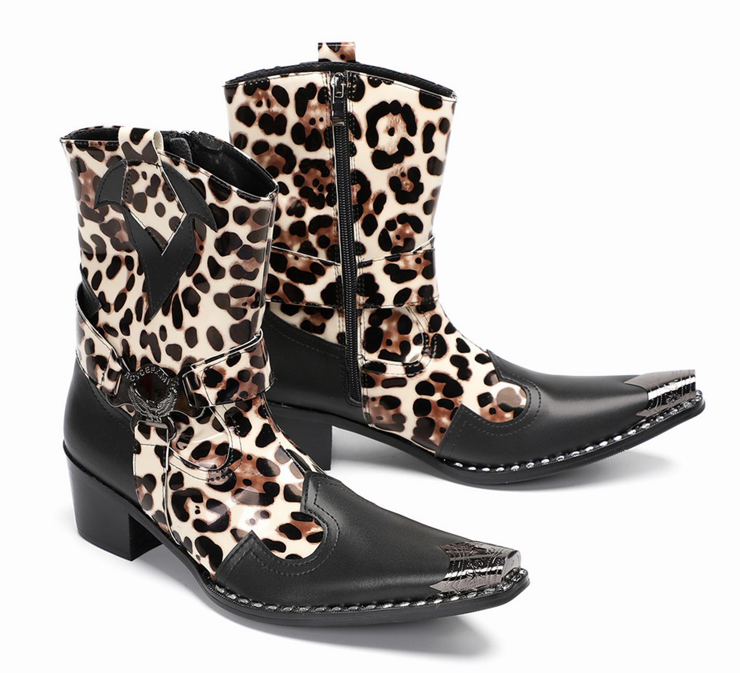 Mens Leopard Print Harness Riding Cowboy Western Boots