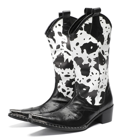 Mens Pull-On Cow Print Riding Western Cowboy Boots