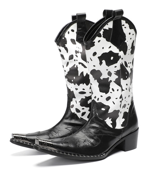 Mens Pull-On Cow Print Riding Western Cowboy Boots