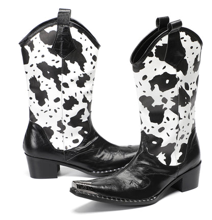 Mens Pull-On Cow Print Riding Western Cowboy Boots