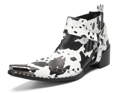 Mens Cow Print Harness Strap Ankle Western Chelsea Boots