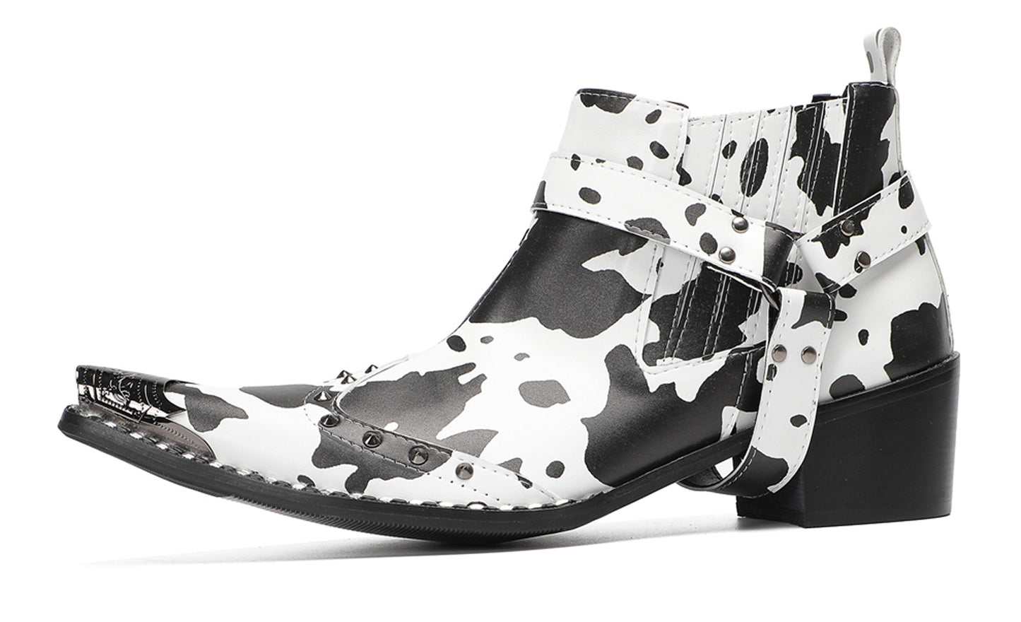 Mens Cow Print Harness Strap Ankle Western Chelsea Boots