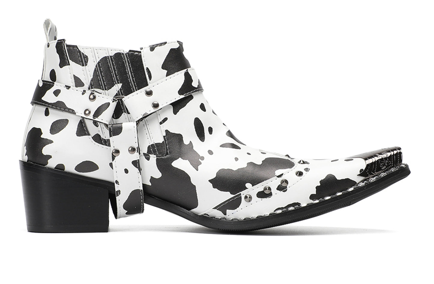 Mens Cow Print Harness Strap Ankle Western Chelsea Boots
