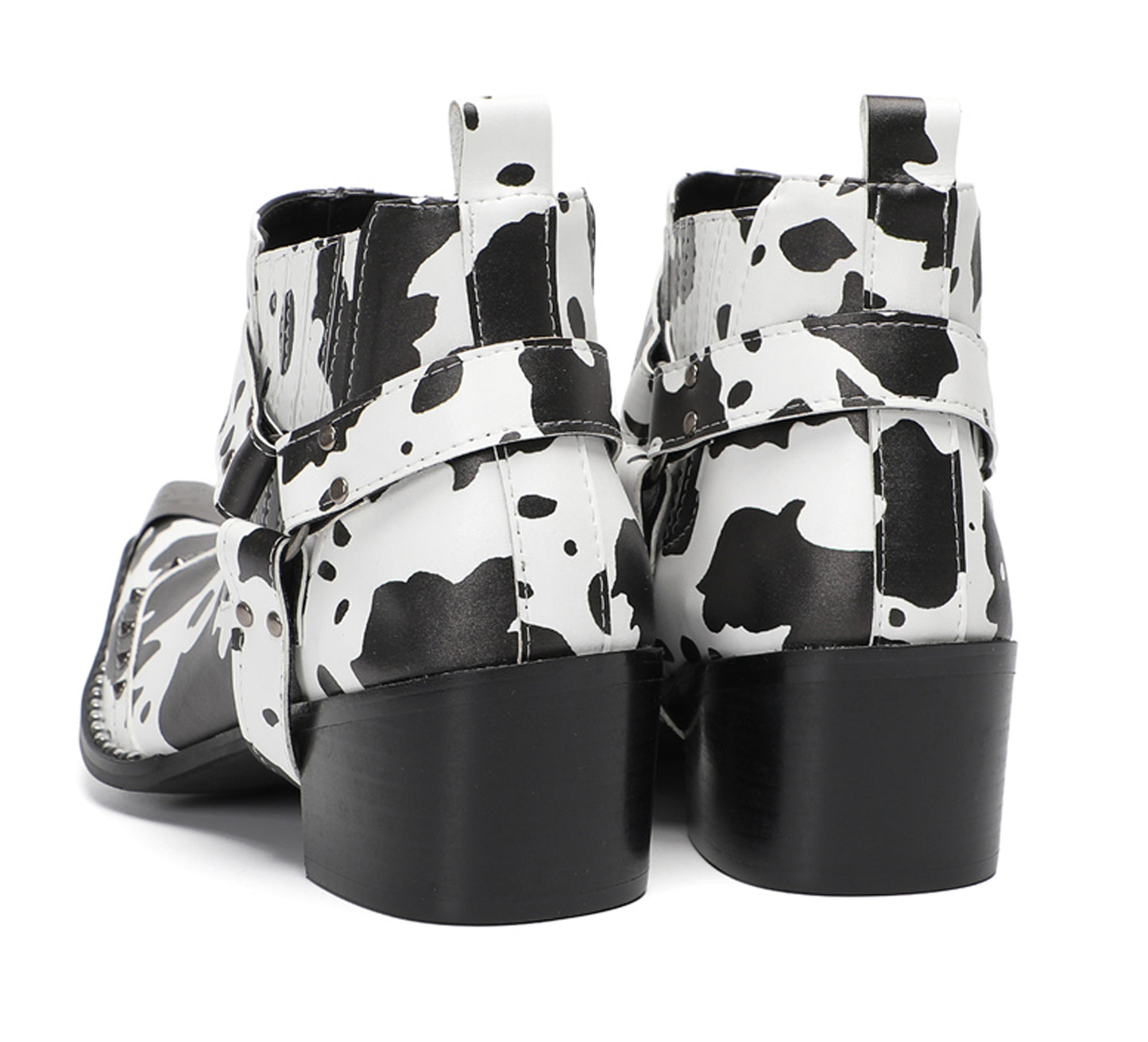 Mens Cow Print Harness Strap Ankle Western Chelsea Boots