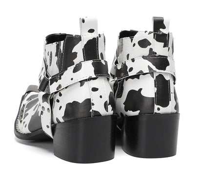 Mens Cow Print Harness Strap Ankle Western Chelsea Boots